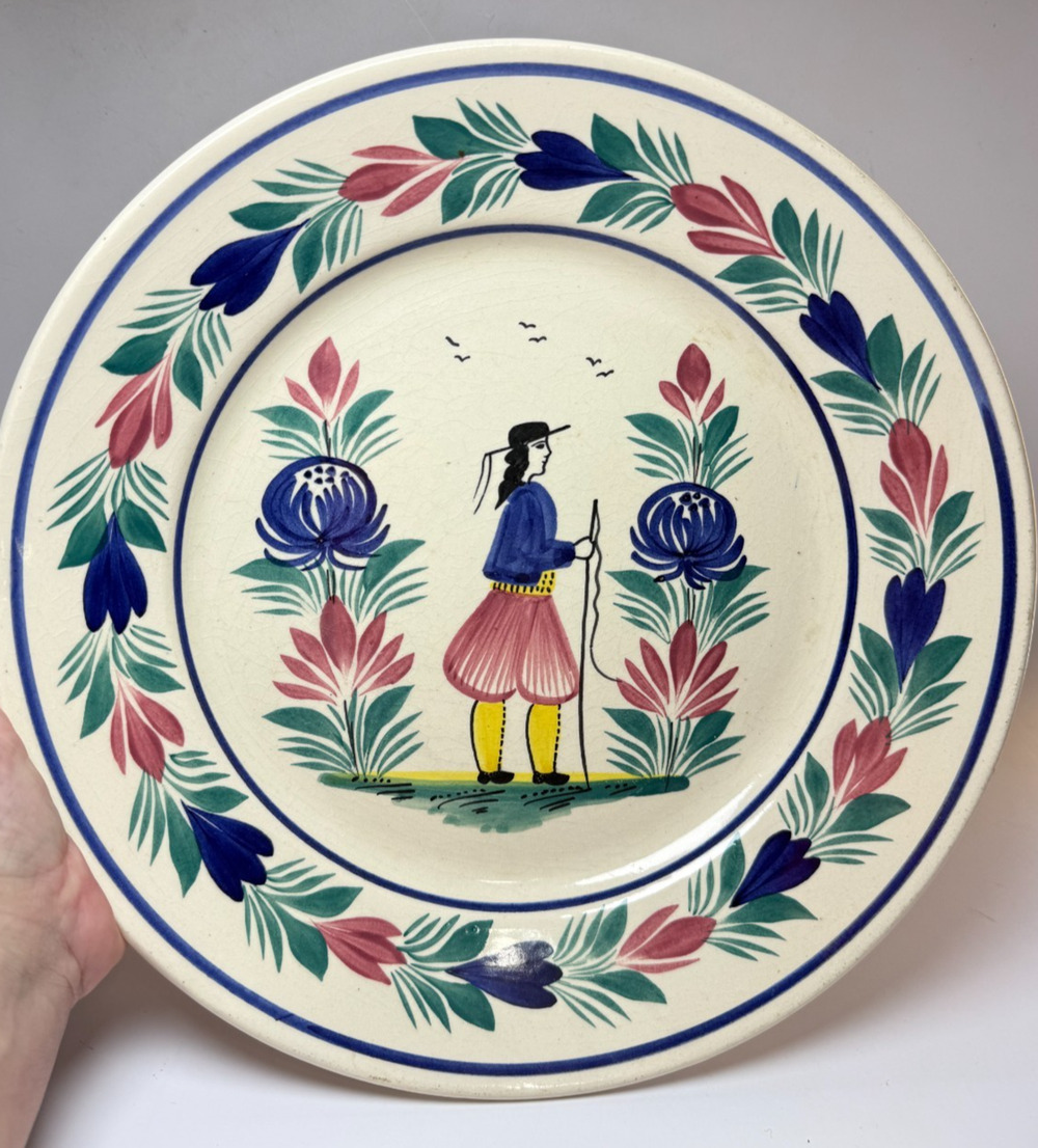 Vintage QUIMPER French Faience Pottery 12" Round Platter Breton Man France HB